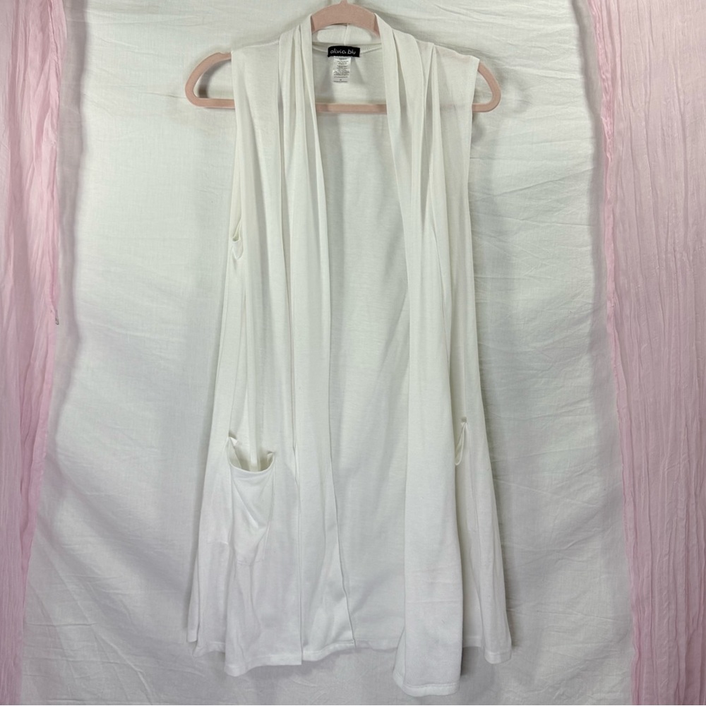 Olivia Blu White Sleeveless Open Front Cardigan Vest w Pockets Size M